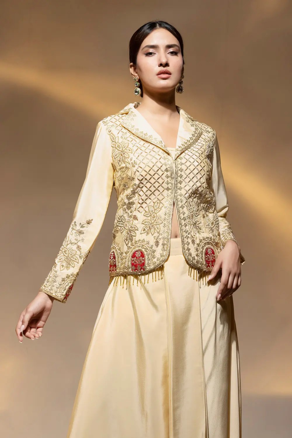 Beaded collar top with dabka dori work on beige crape fabric