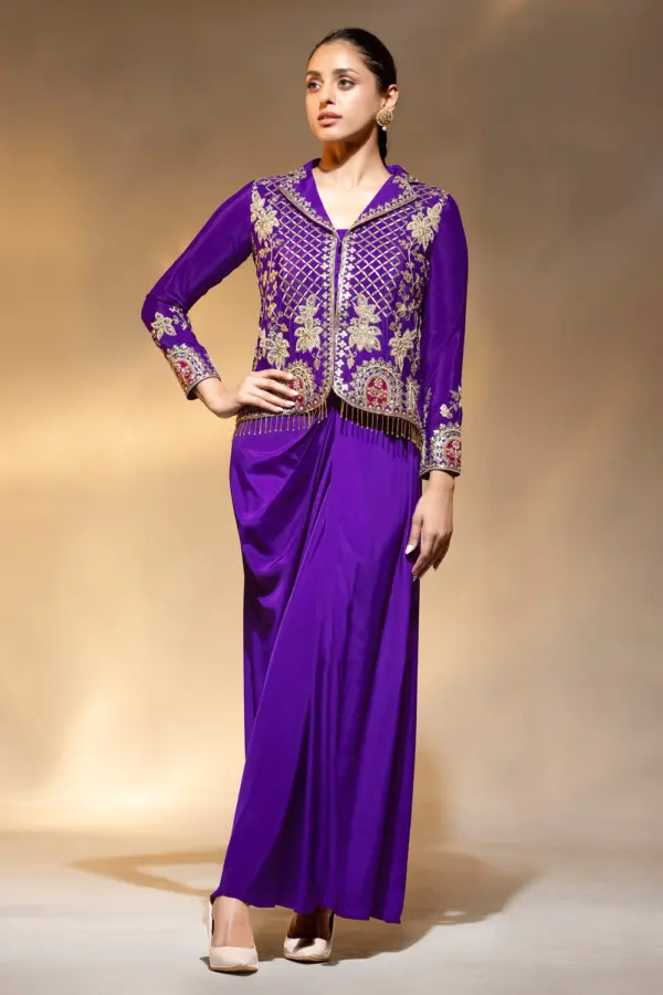 Purple drape suit set with skirt in deep purple crape by Khaish