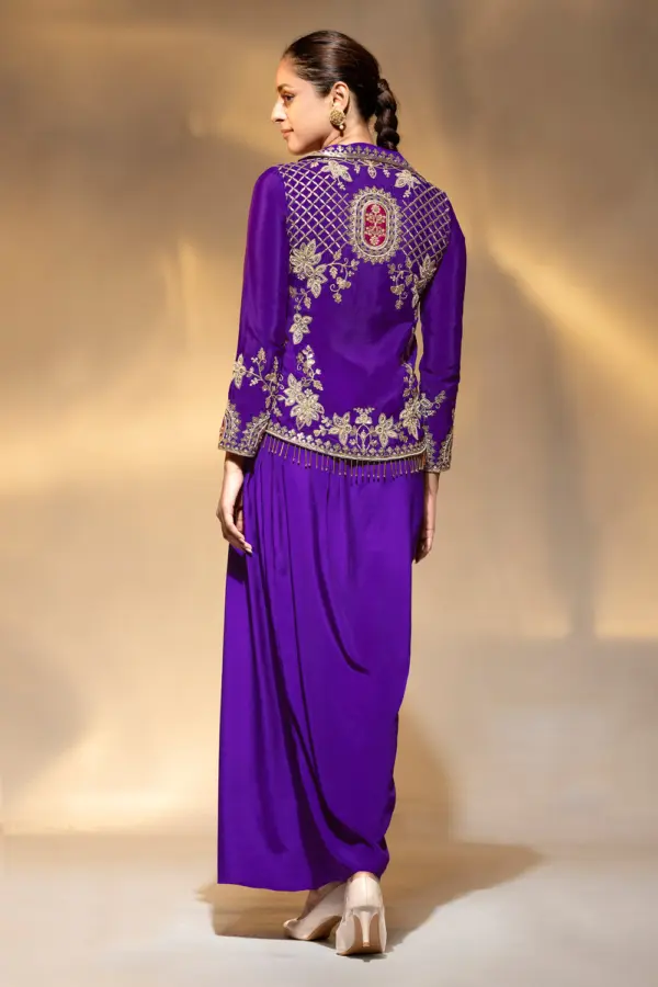 Side view of purple drape suit set showing cowl drape and collar lines