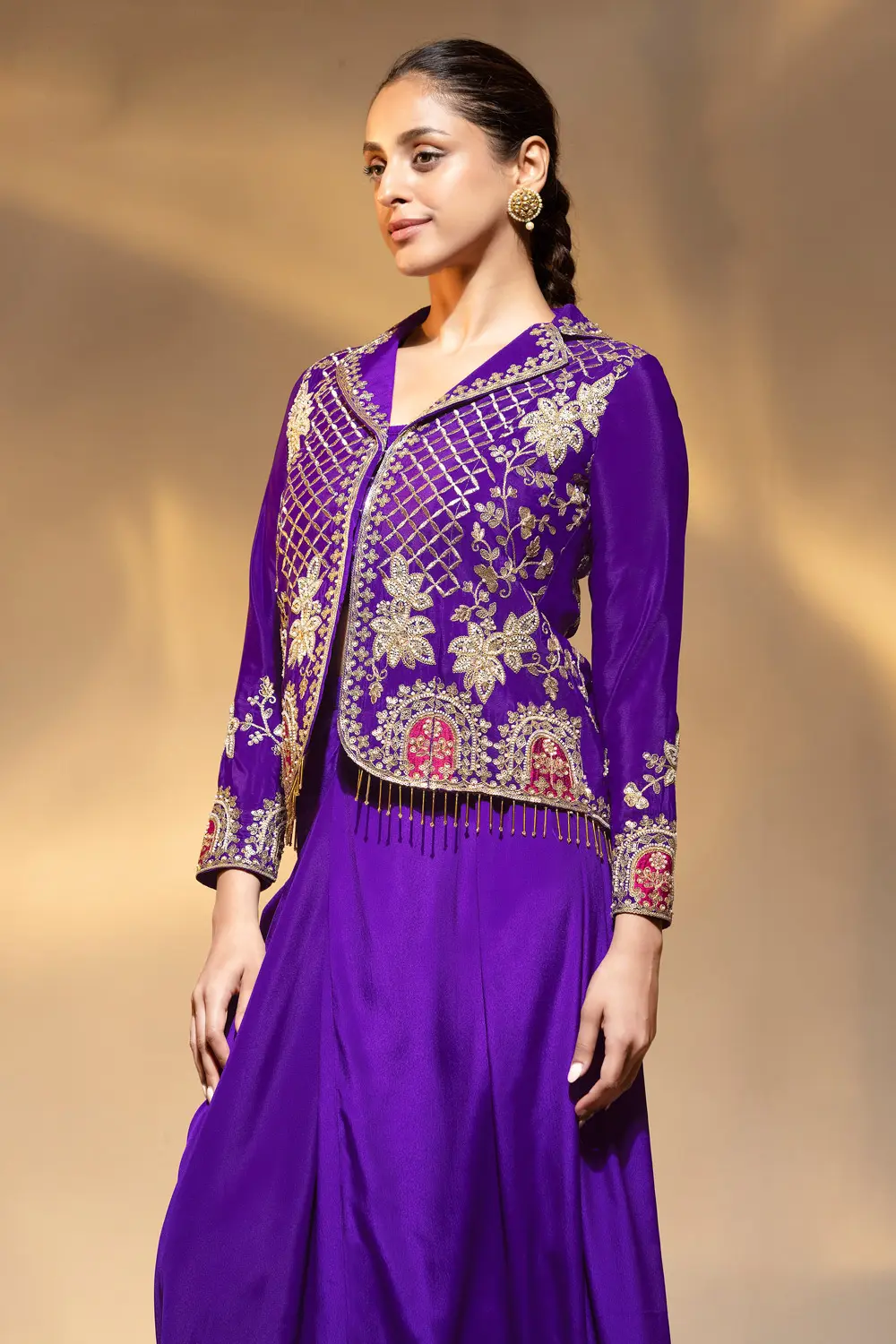 Beaded collar top with dabka dori work on deep purple crape