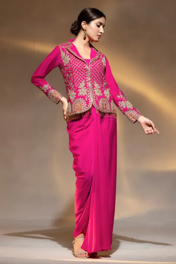 Evening jackets for women party wear in deep pink crape by Khaish