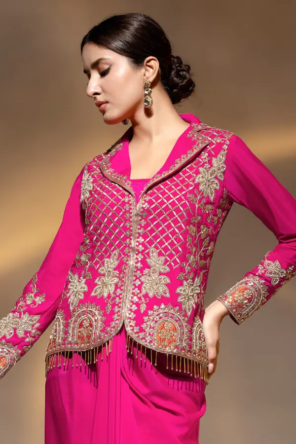 Beaded collar jacket top with dabka dori work on deep pink crape