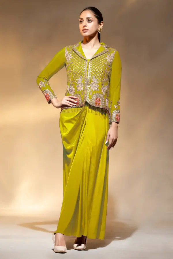 Womens suit jacket with skirt set in mustard crape by Khaish