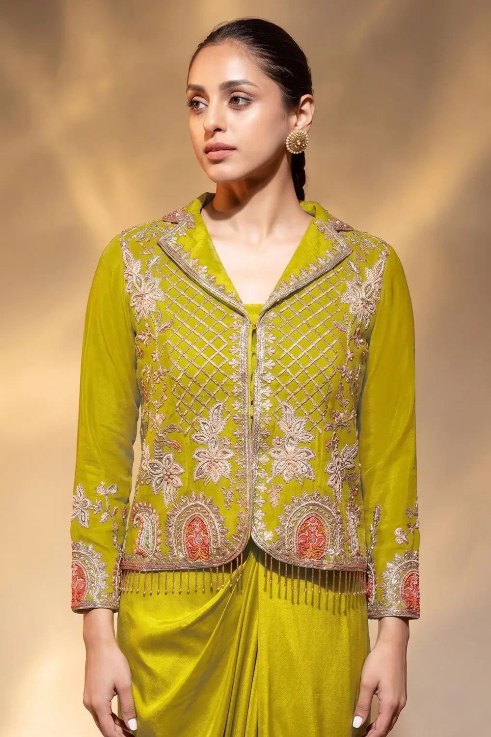 Beaded collar jacket top with dabka dori work on mustard crape
