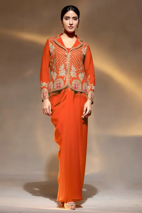 Dress jackets for women party wear in orange crape by Khaish