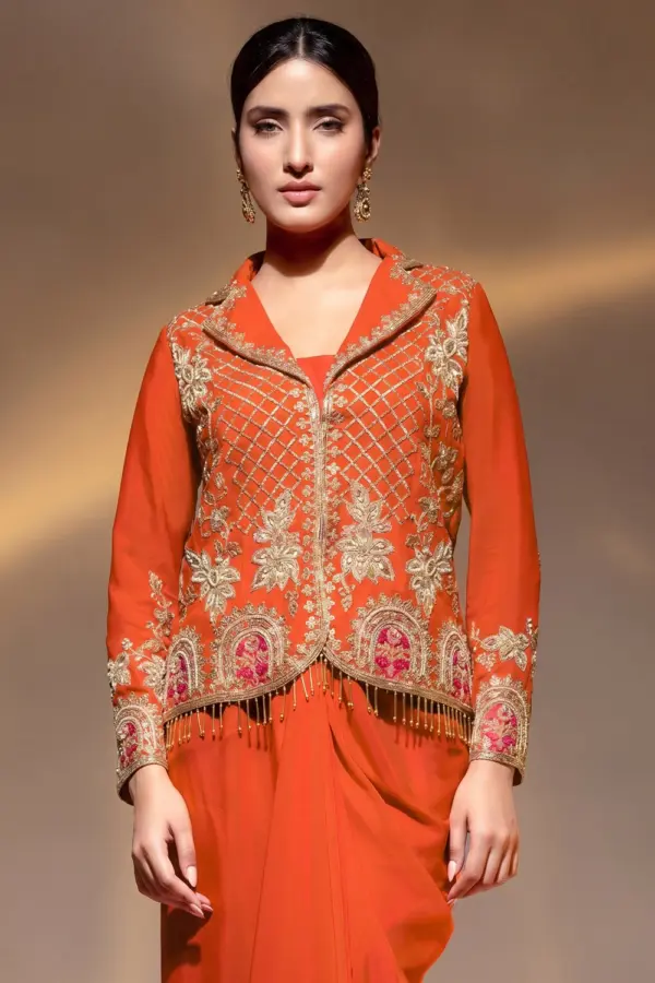 Beaded collar jacket top with dabka dori work on orange crape