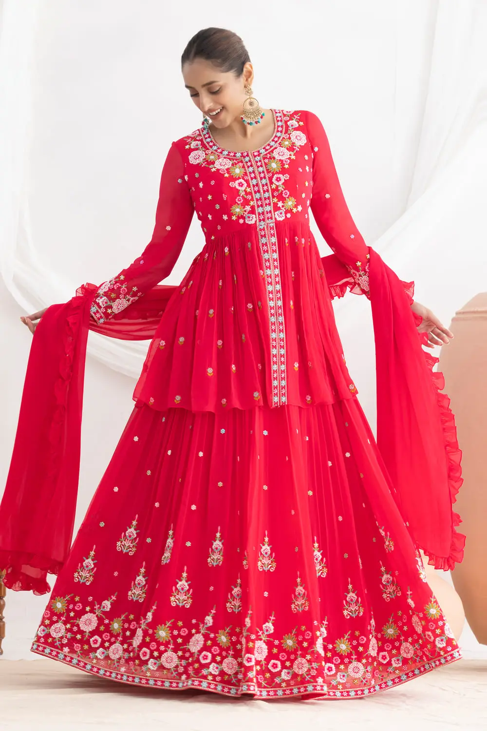 Pink Georgette Kurta Lehenga Set with Floral Silk Work, Beadwork and Frill Dupatta Pink Georgette Kurta Lehenga Set with Floral Silk Work, Beadwork and Frill Dupatta
