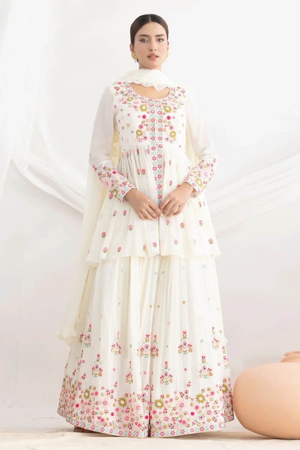 Premium georgette dupatta with four side frill work in white