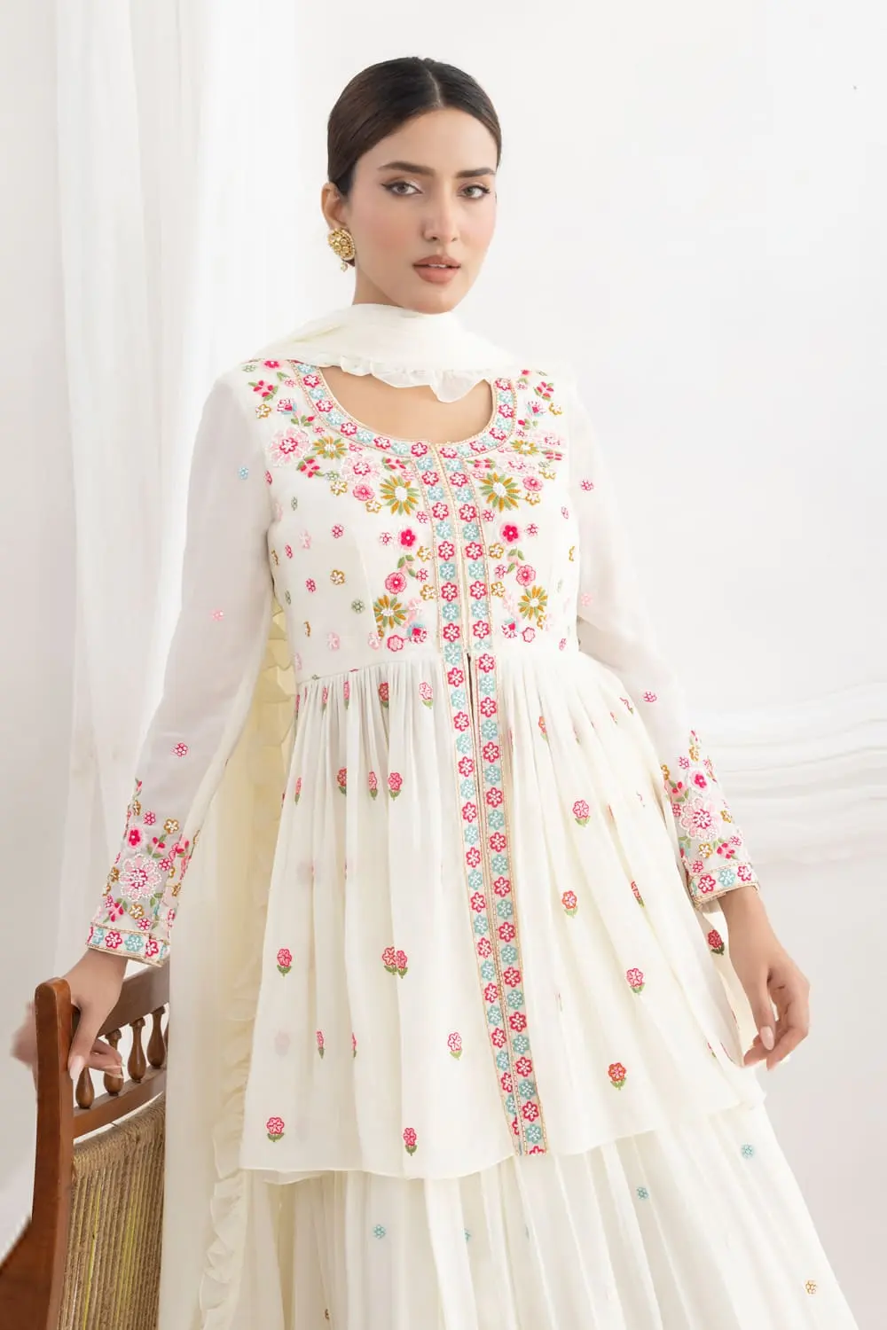 Elegant neckline with floral silk and beadwork on white georgette top