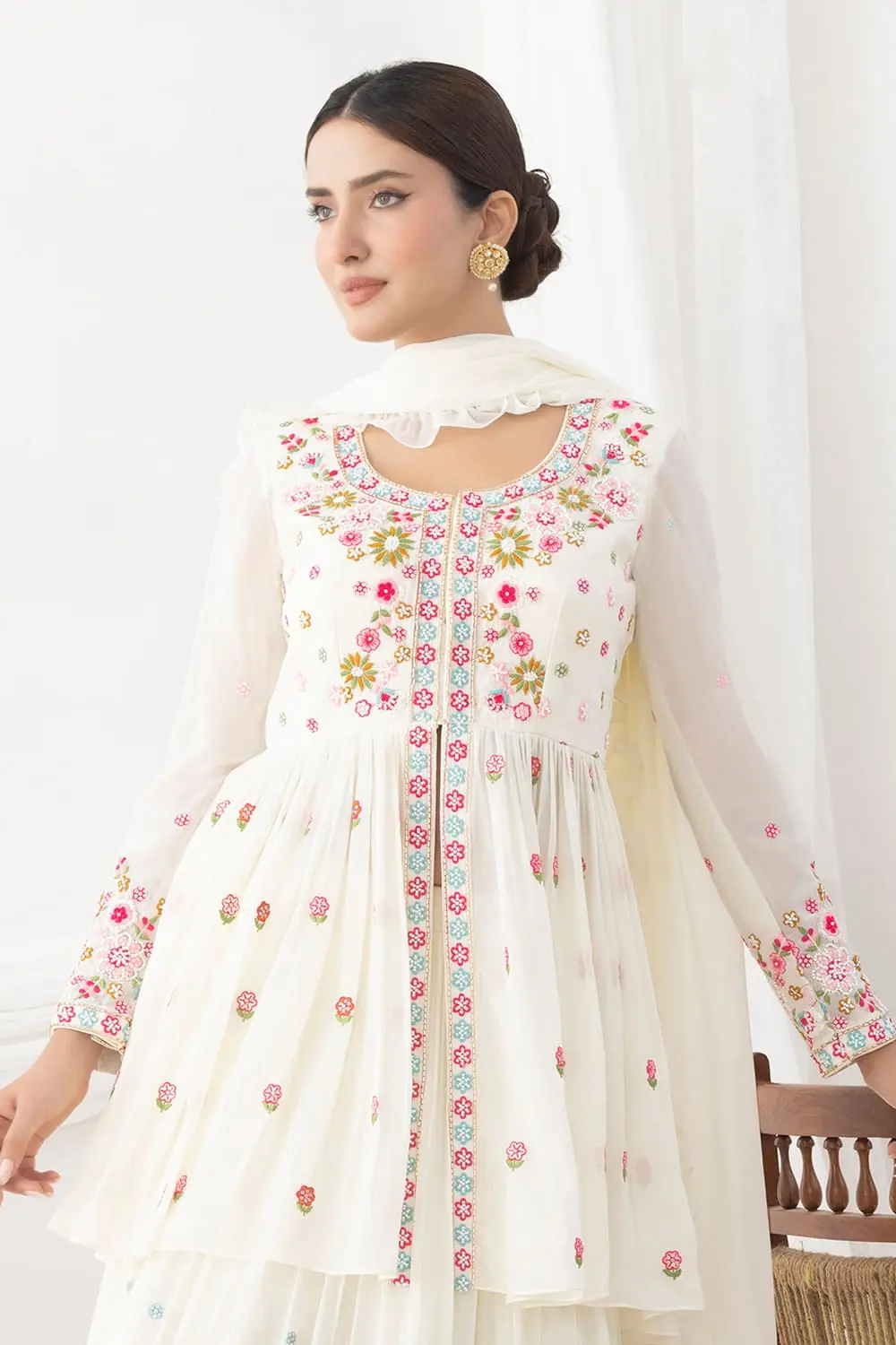 Close up of beadwork and silk work on white georgette lehenga set