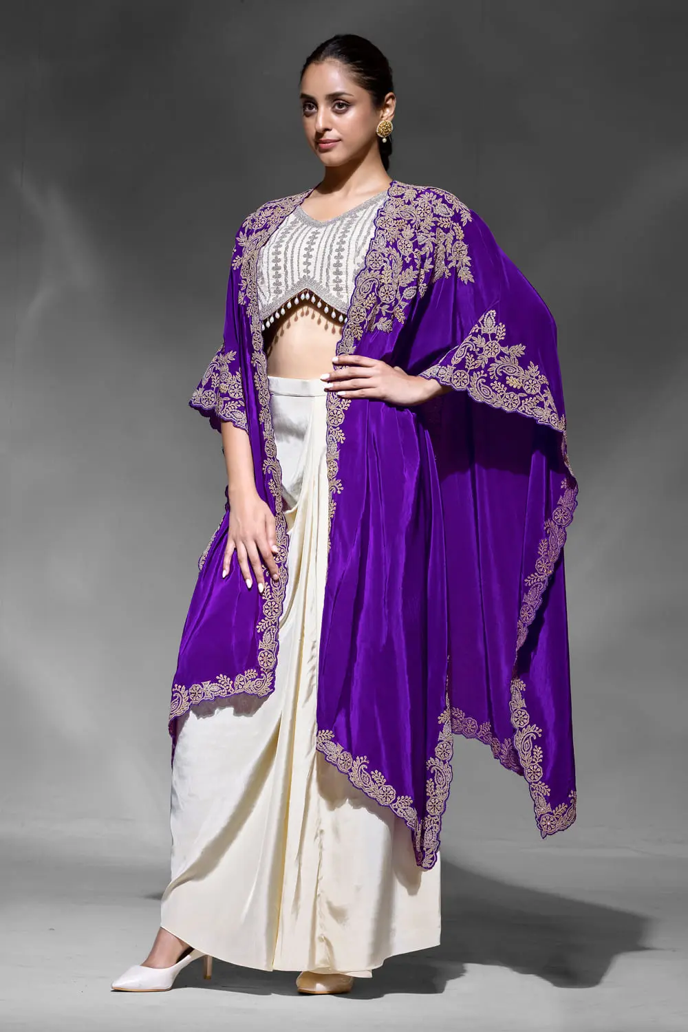 Purple Crepe Indo Western Dhoti Skirt Set with Embroidered Shrug Dupatta and Cowl Skirt Purple Crepe Indo Western Dhoti Skirt Set with Embroidered Shrug Dupatta and Cowl Skirt
