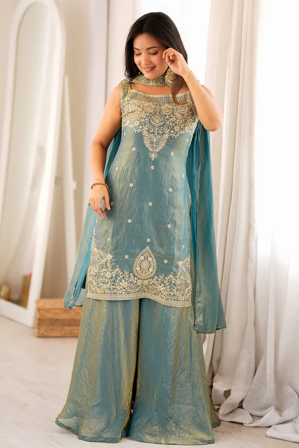 Teal green silk sharara set for sangeet with sequins and zari work by Khaish