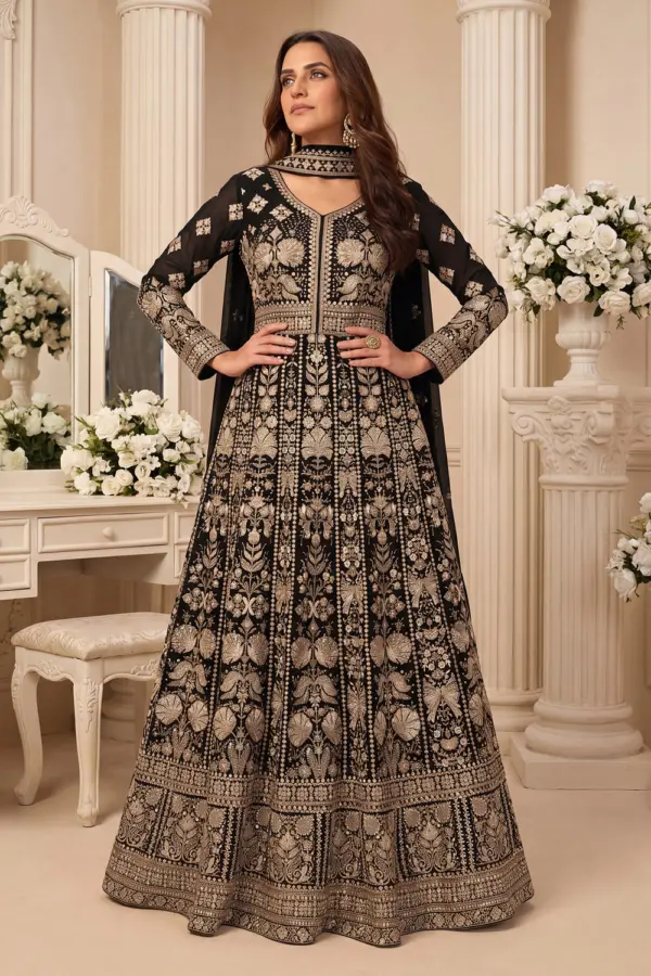 Black georgette anarkali gown for women with front embroidery by Khaish