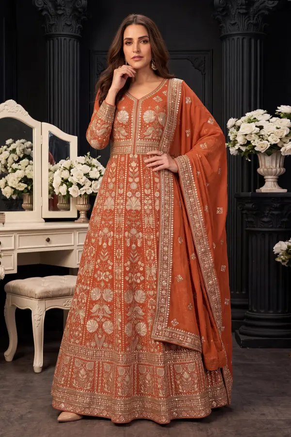 Orange georgette anarkali gown for festive wear with front embroidery by Khaish