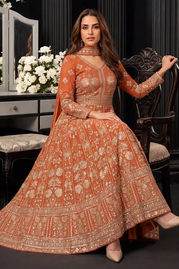 Orange georgette anarkali gown with chinon dupatta seated view
