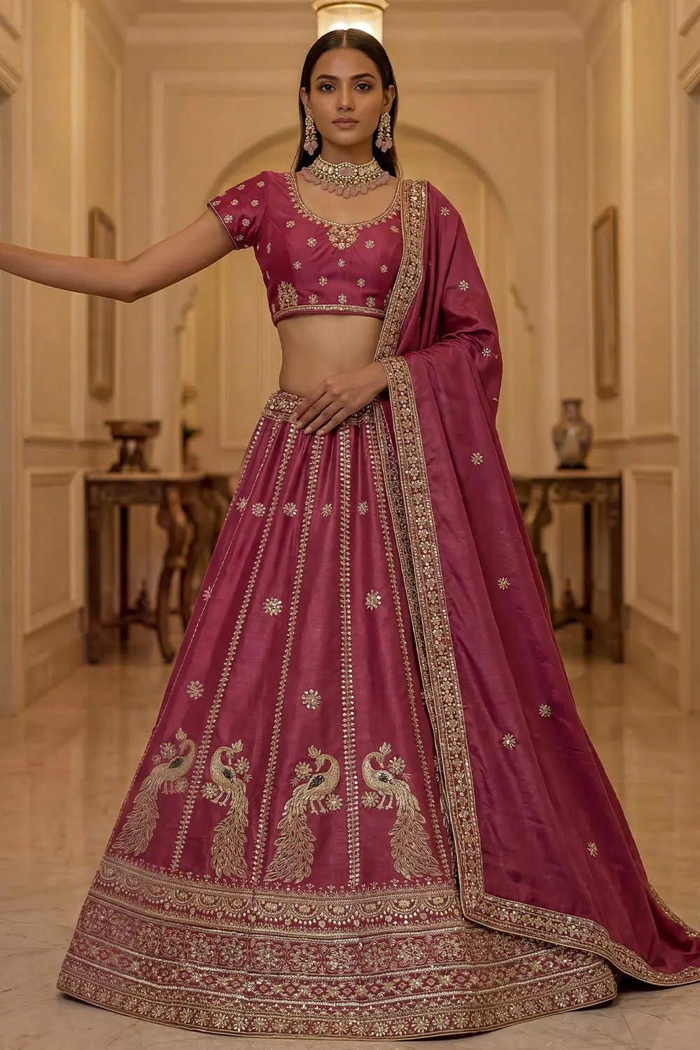 Zari embroidery and sequins work on pink silk lehenga skirt