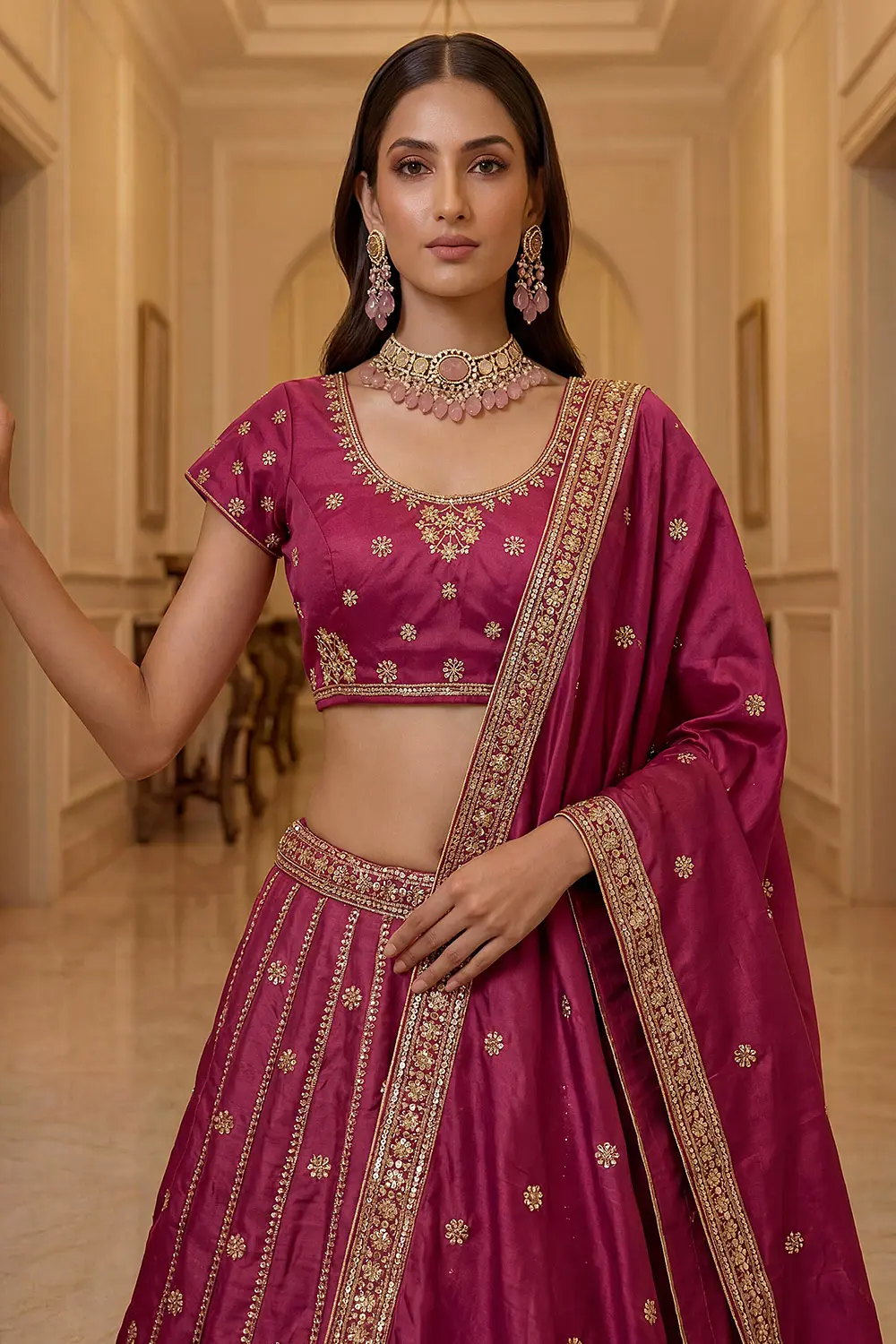 Embroidered silk blouse with zari and sequins work in pink