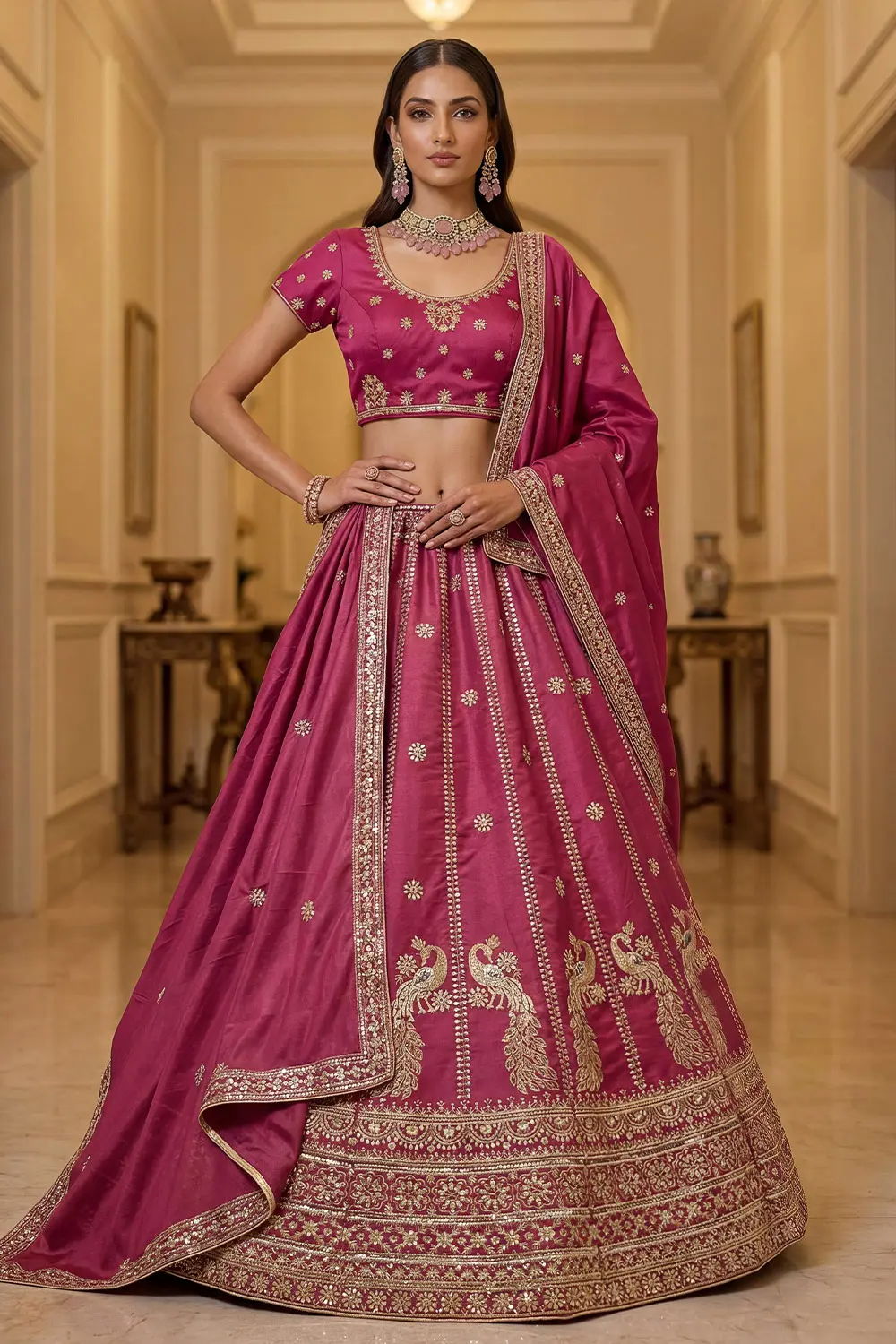 Pink Silk Lehenga Set with Zari Embroidery, Sequins Work and Lace Detailing Pink Silk Lehenga Set with Zari Embroidery, Sequins Work and Lace Detailing