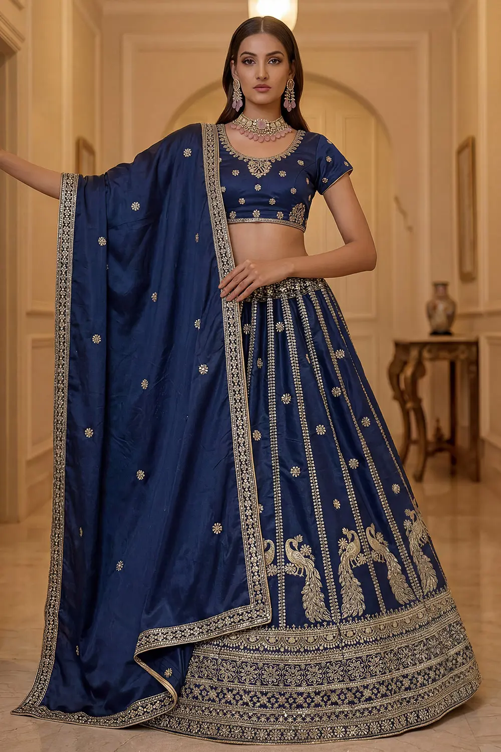 Delicate lacework and sequins on navy blue silk lehenga dupatta