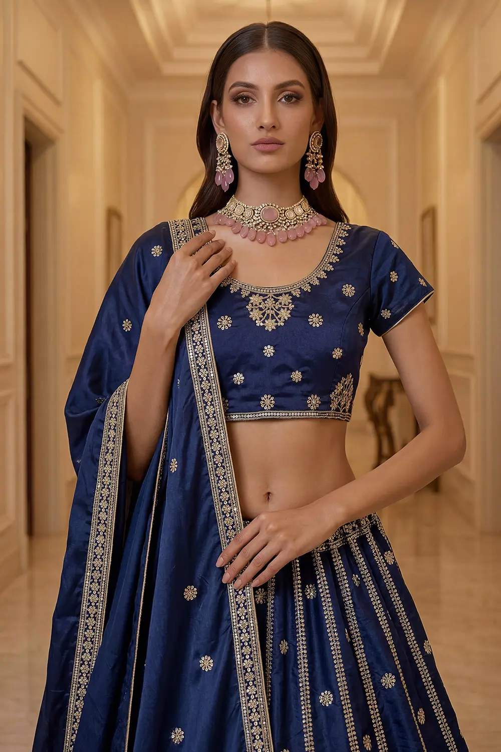 Embroidered silk blouse with zari and sequins work in navy blue