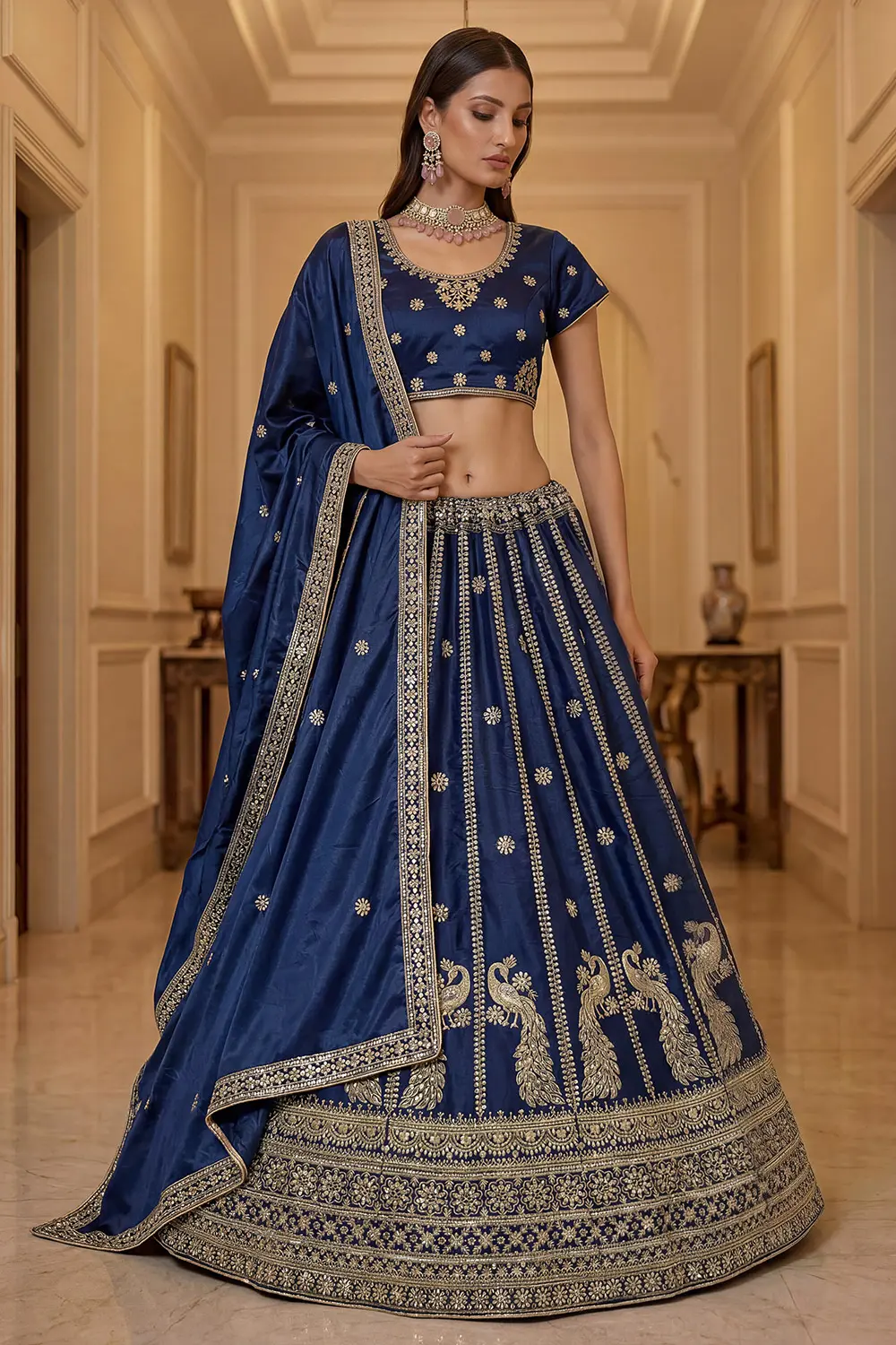 Navy Blue Silk Lehenga Set with Zari Embroidery, Sequins Work and Lace Detailing Navy Blue Silk Lehenga Set with Zari Embroidery, Sequins Work and Lace Detailing