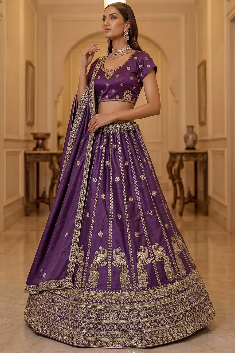 Delicate lacework and sequins on purple silk lehenga dupatta