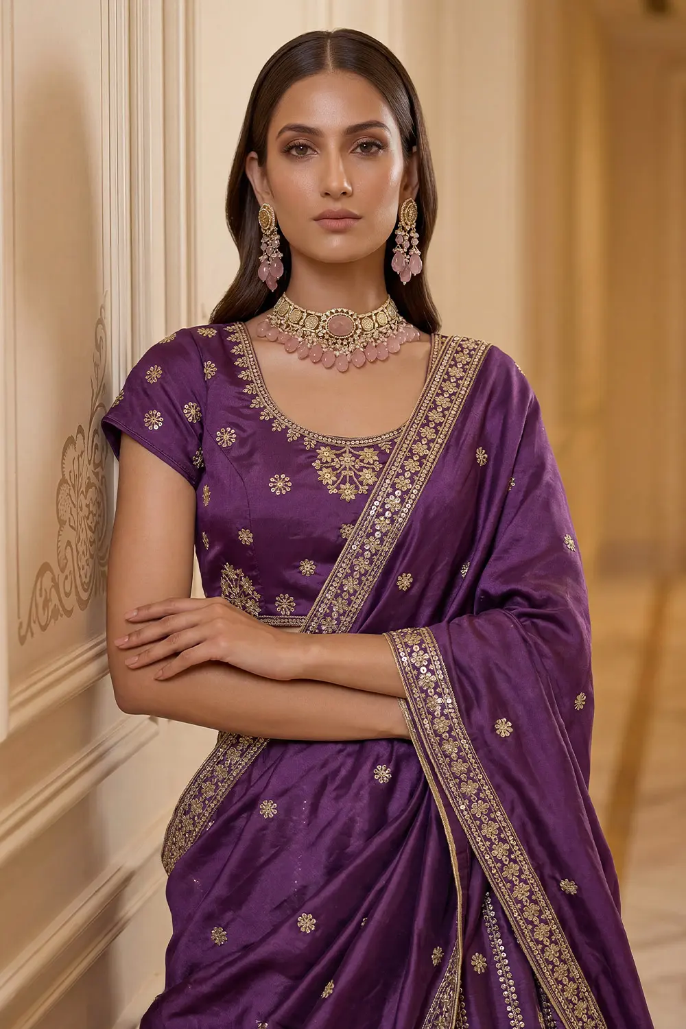 Embroidered silk blouse with zari and sequins work in jewel purple