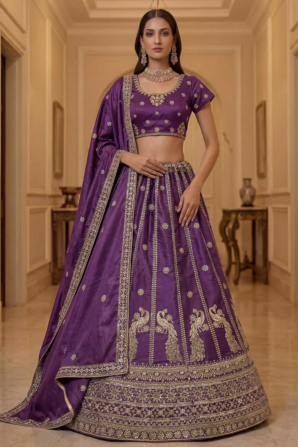 Purple Silk Lehenga Set with Zari Embroidery, Sequins Work and Lace Detailing Purple Silk Lehenga Set with Zari Embroidery, Sequins Work and Lace Detailing