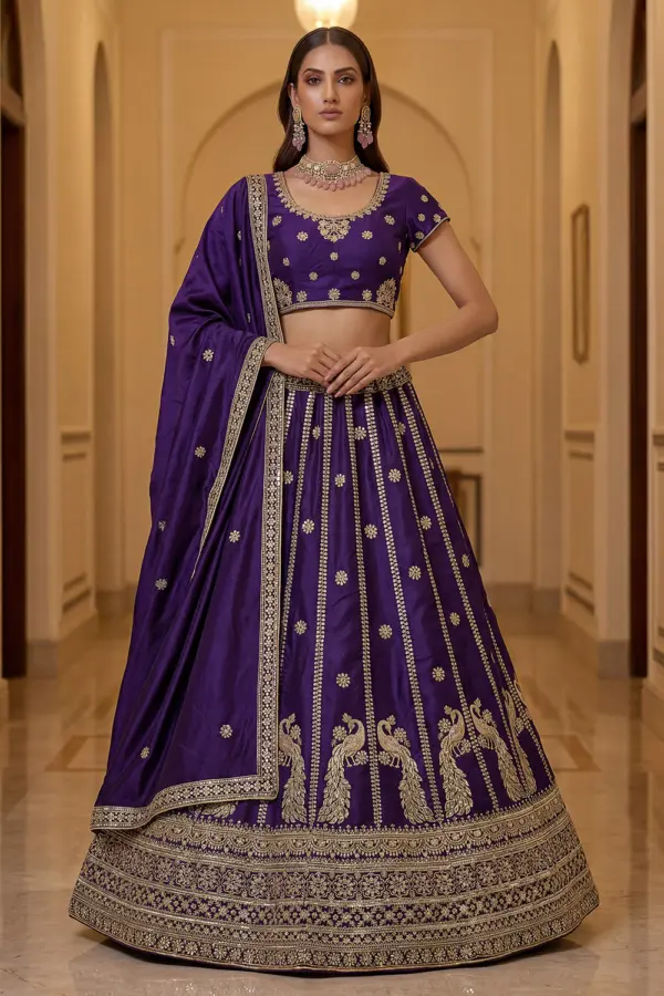 Dark purple lehenga for wedding party in silk with zari embroidery by Khaish