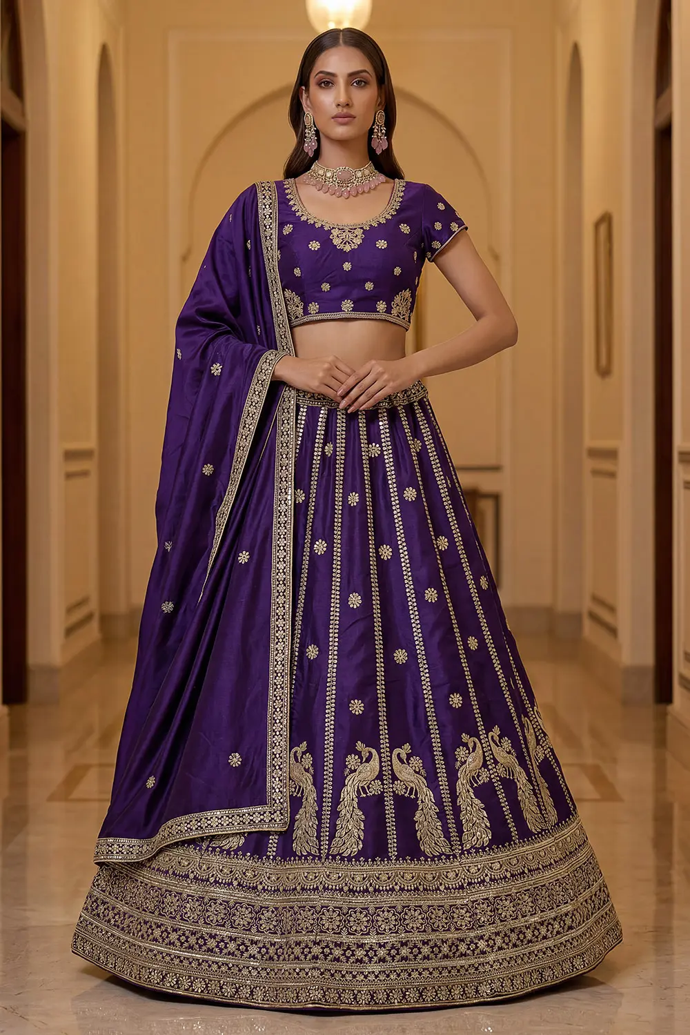 Dark Purple Silk Lehenga Set with Zari Embroidery, Sequins Work and Lace Detailing Dark Purple Silk Lehenga Set with Zari Embroidery, Sequins Work and Lace Detailing