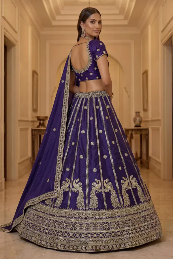 Gold zari embroidery and sequins on dark purple silk lehenga skirt