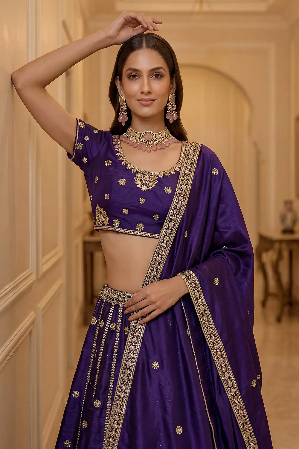 Embroidered silk blouse with zari and sequins work in dark purple