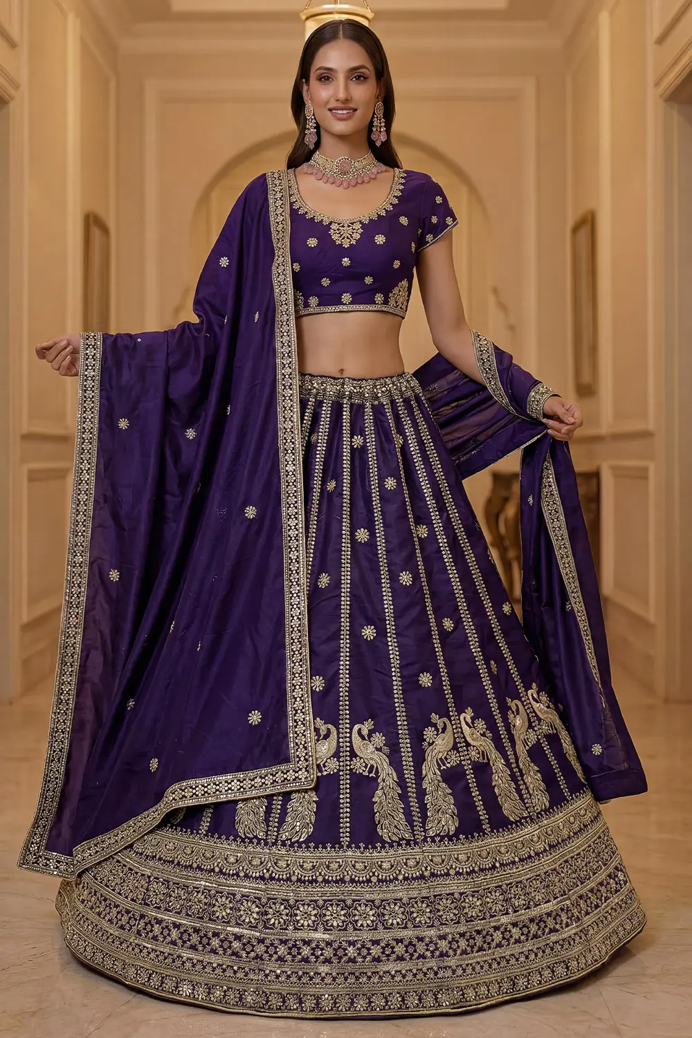 Delicate lacework and sequins on dark purple silk lehenga dupatta