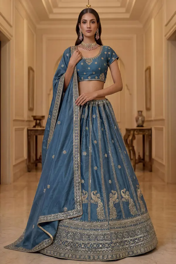 Dusty blue lehenga choli for women in silk with zari embroidery by Khaish