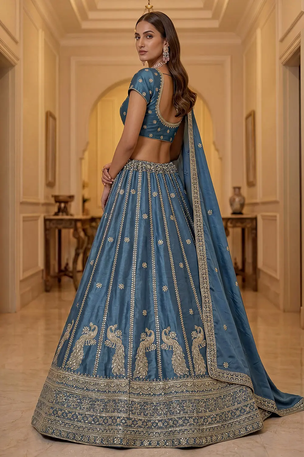 Delicate lacework and sequins on soft dusty blue silk lehenga dupatta