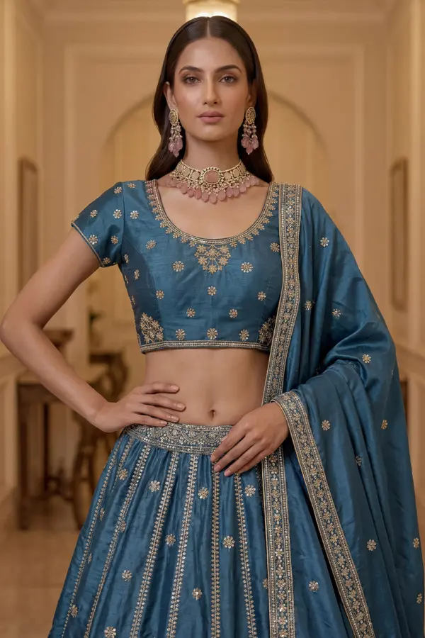 Embroidered silk blouse with zari and sequins work in dusty blue