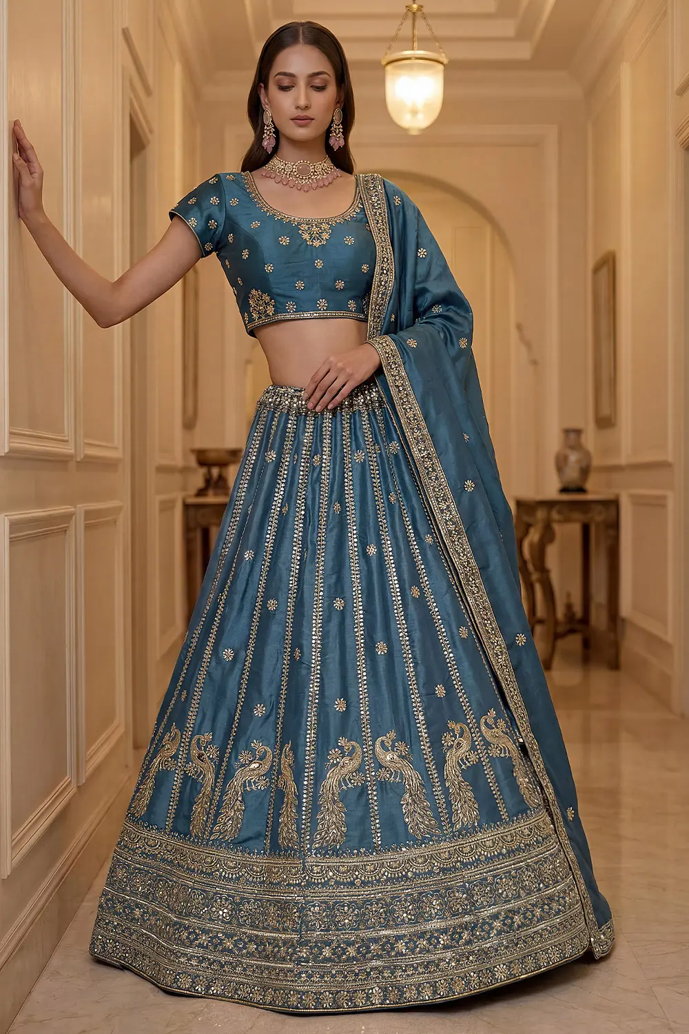 Dusty blue silk lehenga styled with matching embroidered blouse and dupatta