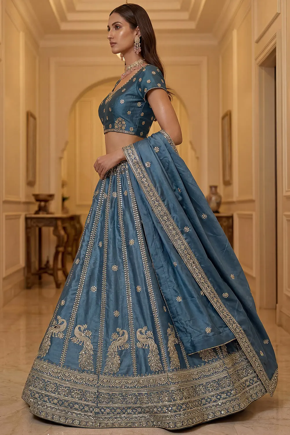 Gold zari embroidery and sequins on dusty blue silk lehenga skirt