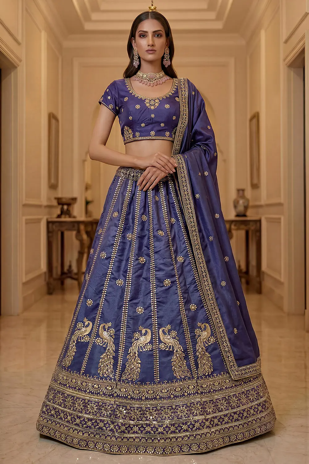 Peacock Blue Silk Lehenga Set with Zari Embroidery, Sequins Work and Lace Detailing Peacock Blue Silk Lehenga Set with Zari Embroidery, Sequins Work and Lace Detailing