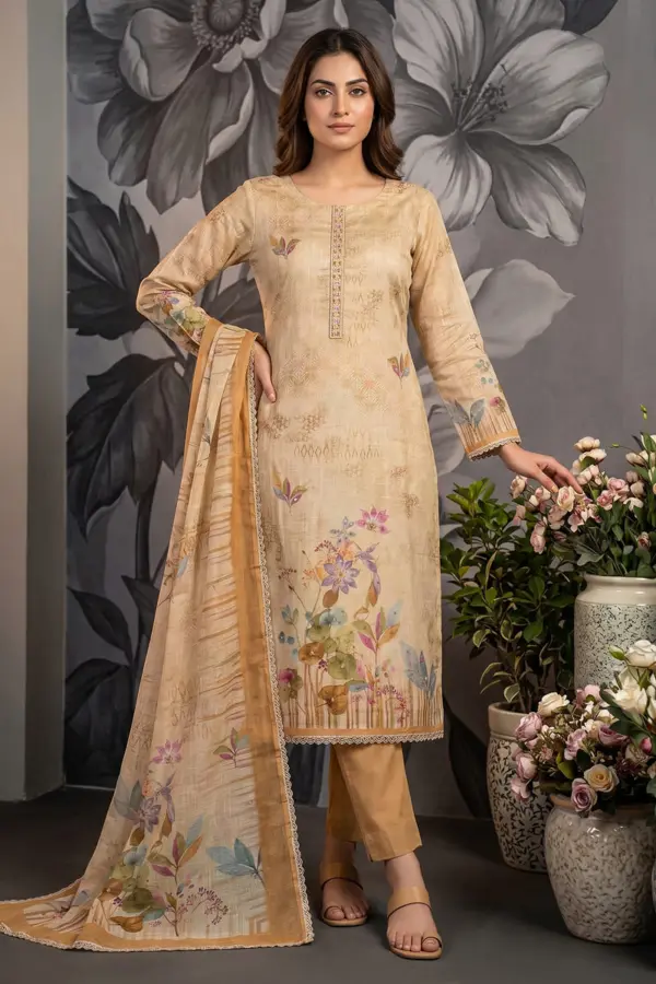 Yellow cotton linen kurta set for women with shimmer print and handwork by Khaish