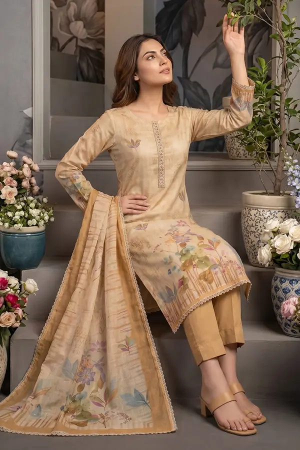 Yellow cotton linen kurta set with dupatta and rayon bottom seated view