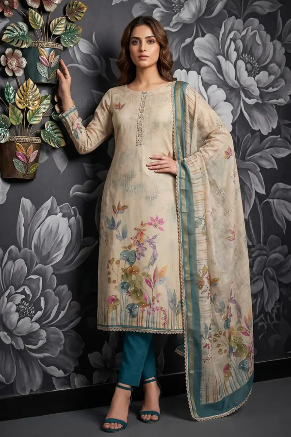 Beige and teal cotton linen kurta set with floral tunic and teal trousers by Khaish