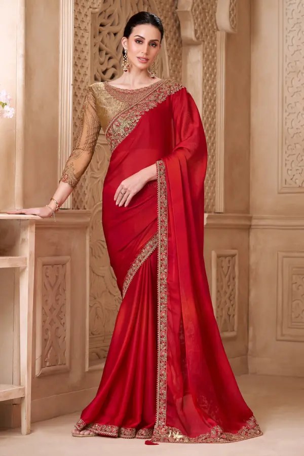 Red satin silk saree for wedding with brocade silk blouse by Khaish