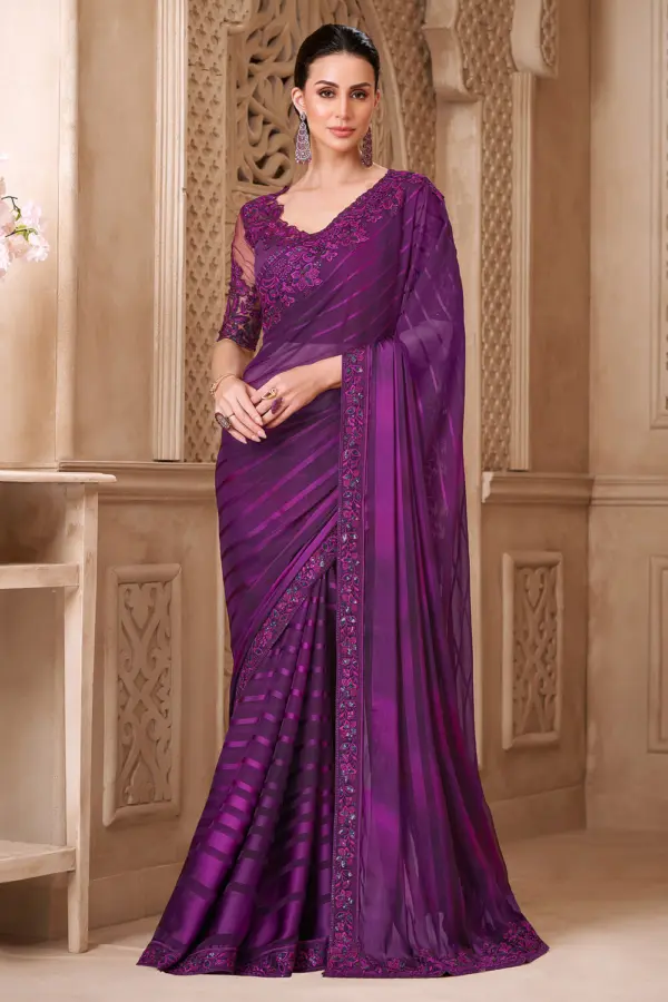 Deep purple georgette saree for reception with Tussar silk blouse by Khaish