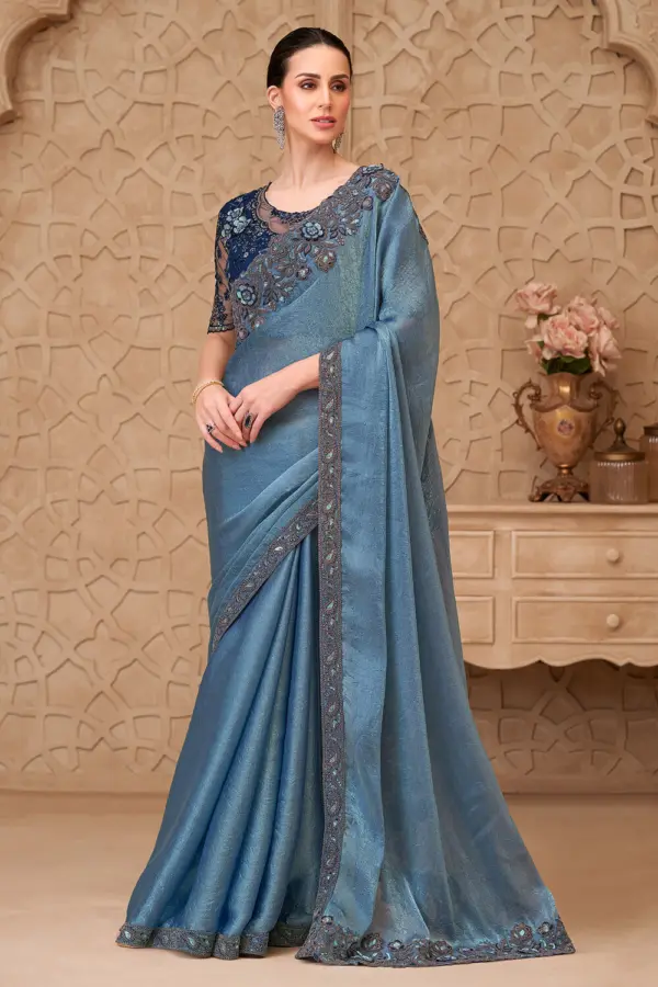 Metallic blue saree for cocktail party in satin crush georgette by Khaish