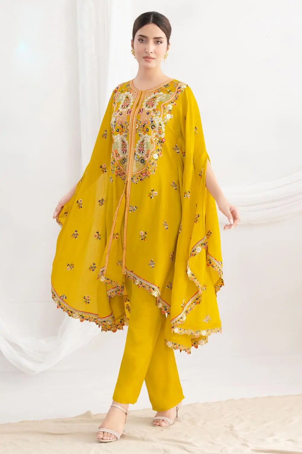 Mustard Chinon Silk Kaftan Kurta Set with Floral Embroidery and Matching Pants Mustard Chinon Silk Kaftan Kurta Set with Floral Embroidery and Matching Pants