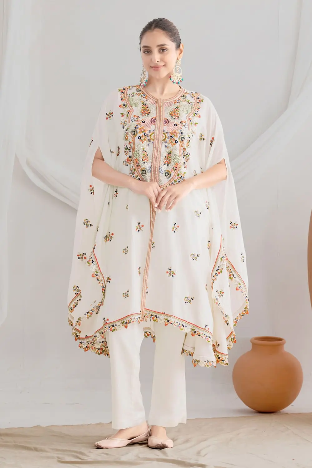 White Chinon Silk Floral Kaftan Kurta Set with Embroidery and Matching Pants White Chinon Silk Floral Kaftan Kurta Set with Embroidery and Matching Pants
