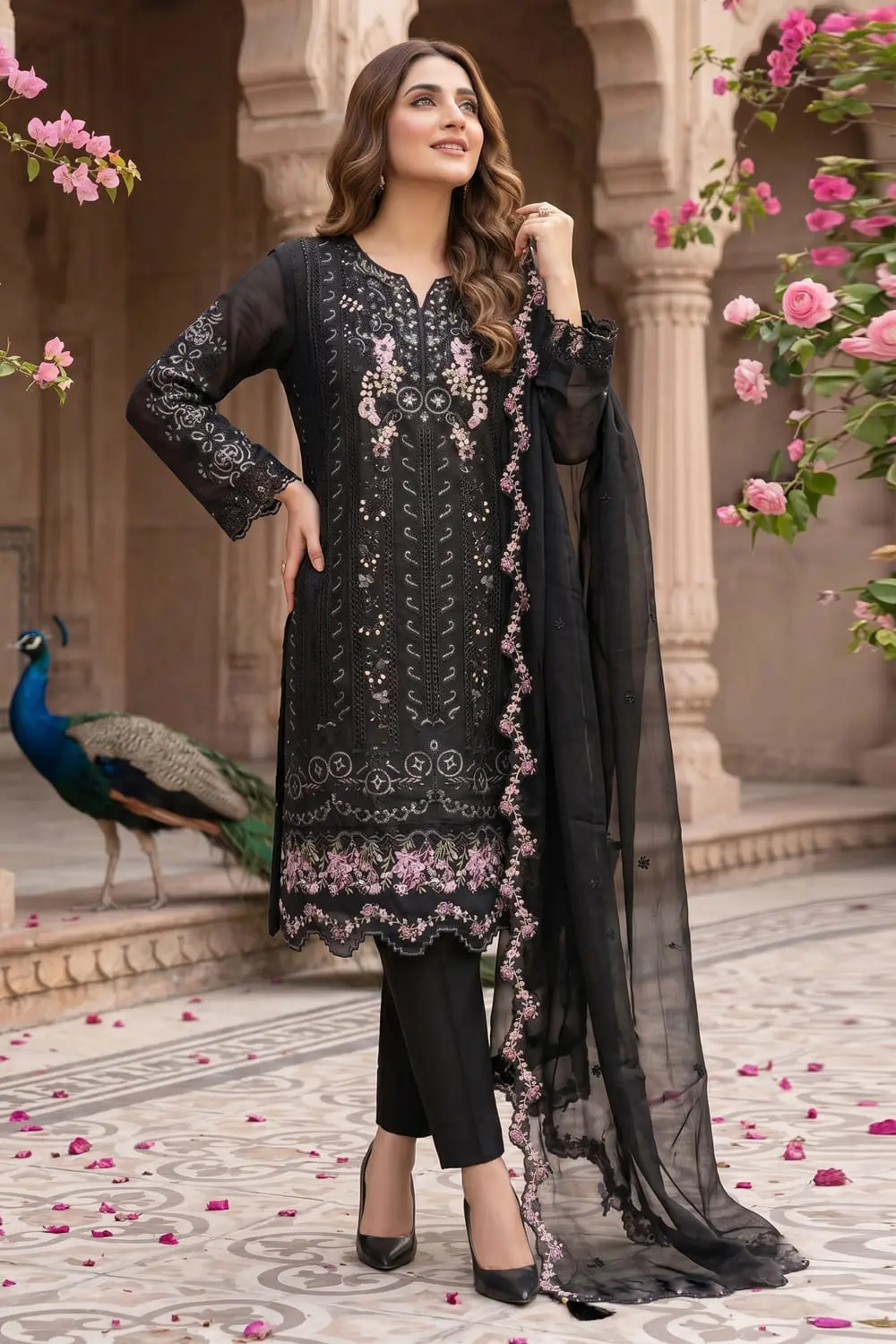 Black chiffon kurta set for party with hand moti and khatli work by Khaish