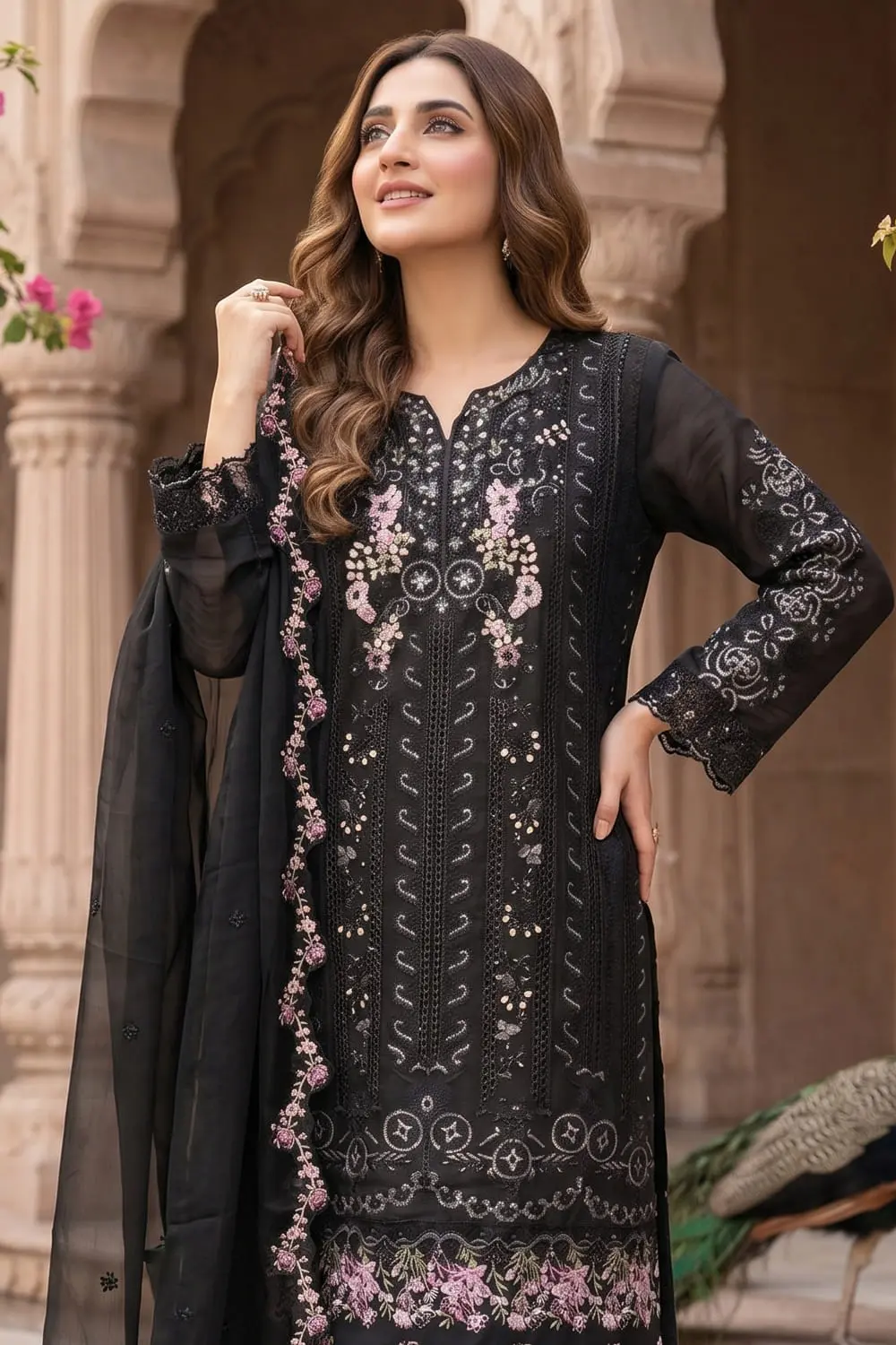 Close up of hand moti and khatli embroidery on black chiffon kurta
