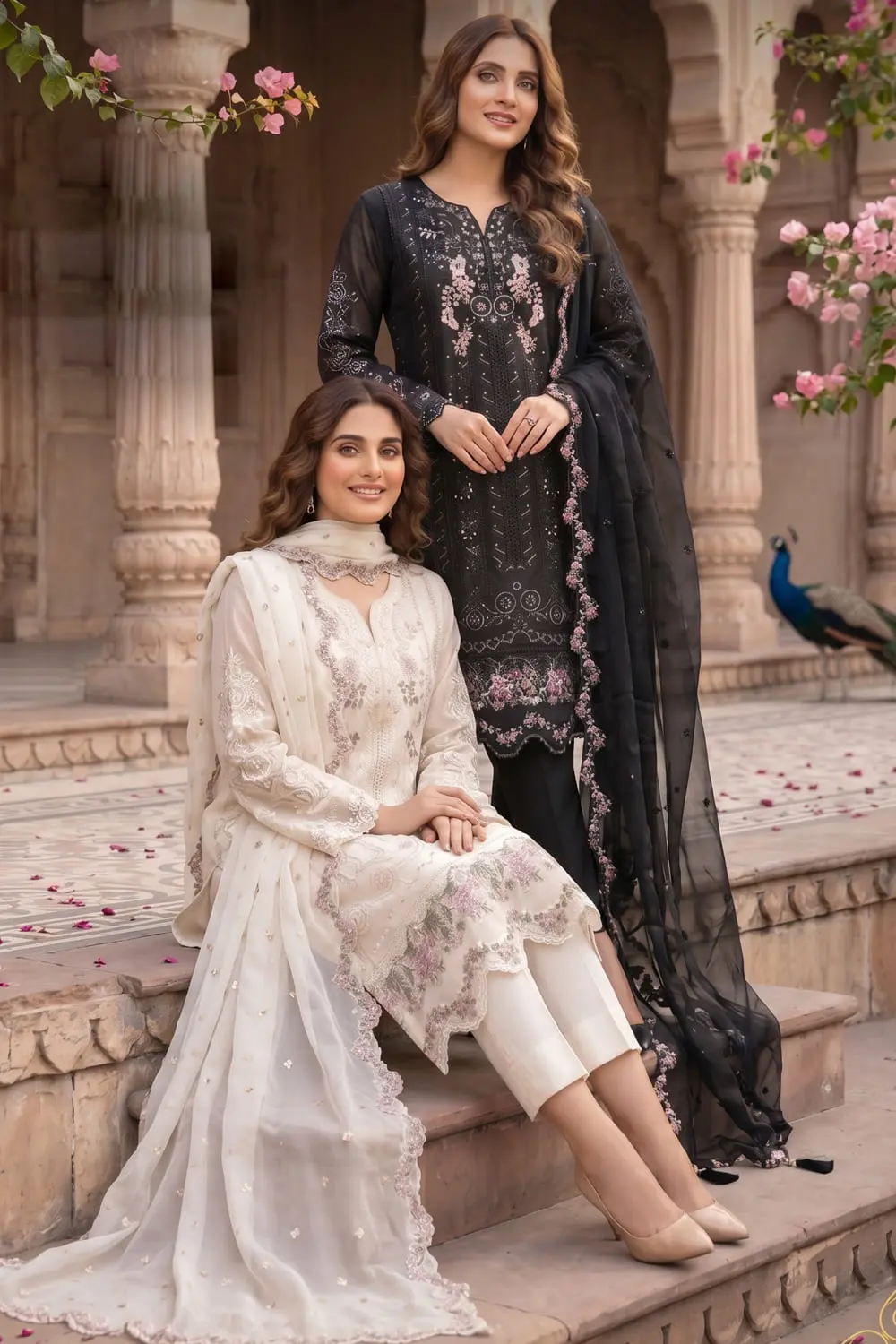 Black and white embroidered chiffon kurta set colour options